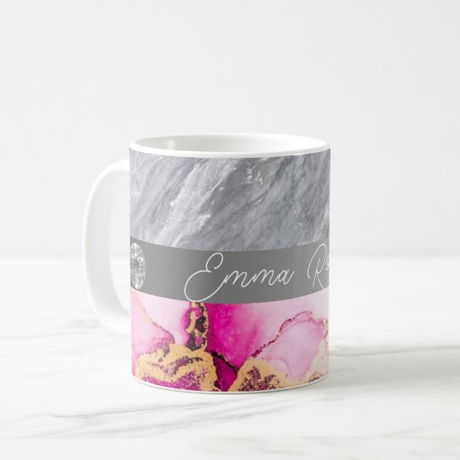 Rosa Marble Diamond Glitter Namn Mugg (Framsida vänster)