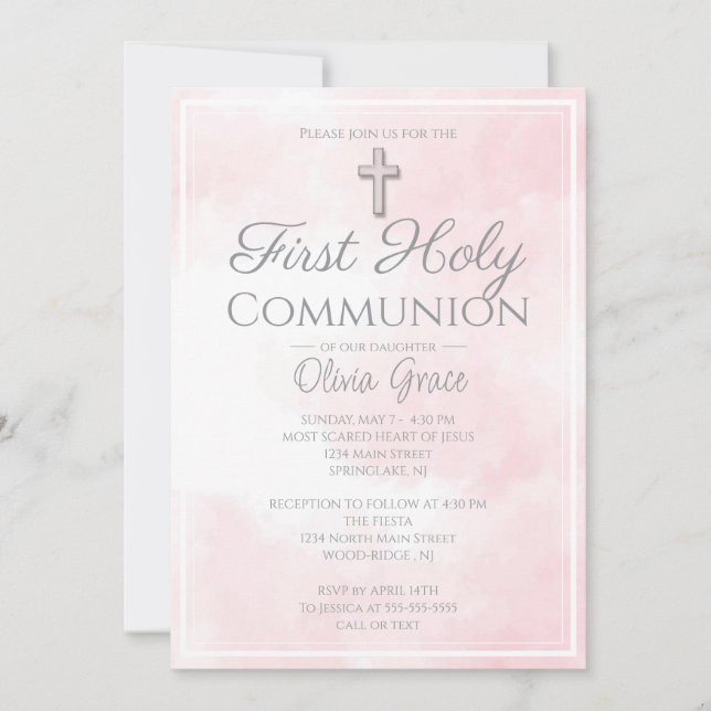 Rosa Marble First Heliga Communion Inbjudningar (Framsida)