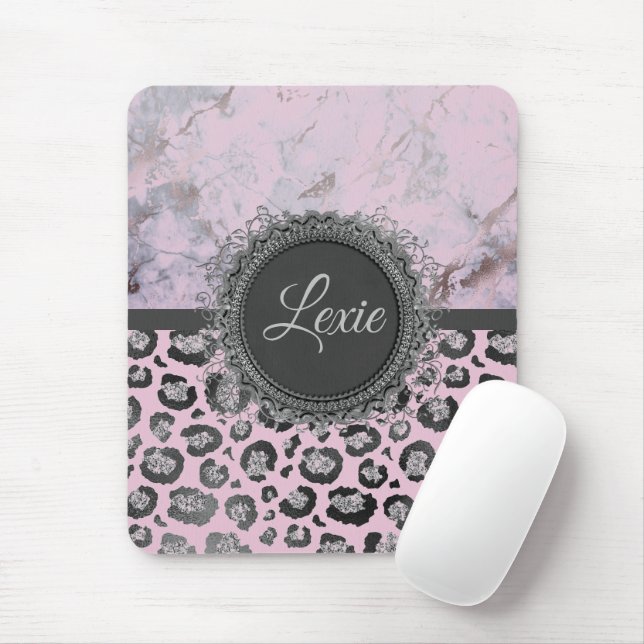 Rosa  Marble Glittery Leopard Personlig Musmatta (Med mus)