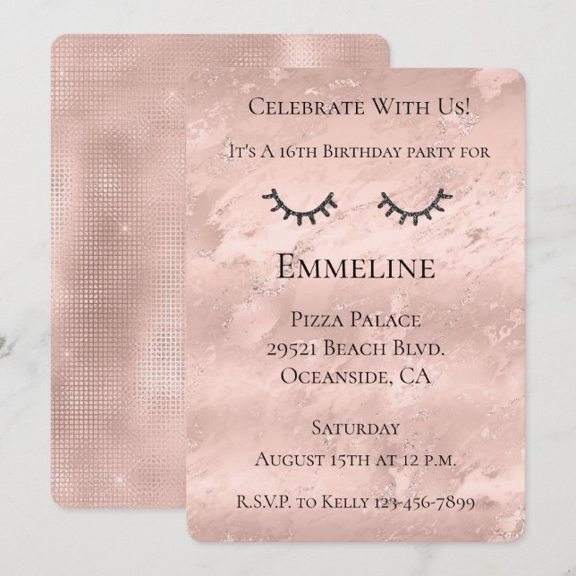  Rosa Marble Glitzy Black Glitter Eyelash Inbjudningar (Fram/baksida)