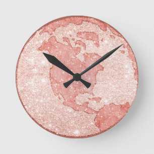 Rosa Marble Globe av metallisk Ro-Glitter Rund Klocka