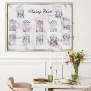 Rosa Marble Golden Pearls Bröllop Seating Poster