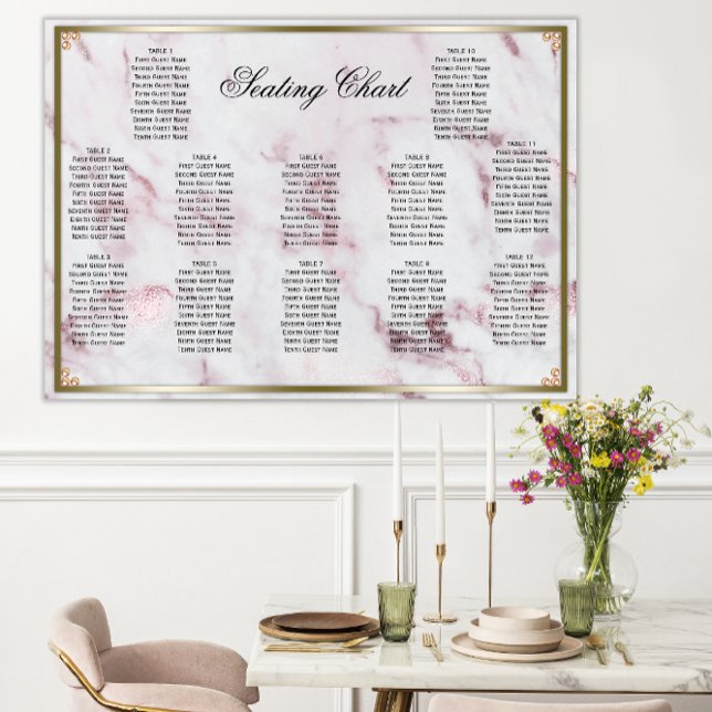 Rosa Marble Golden Pearls Bröllop Seating Poster (Skapare uppladdad)