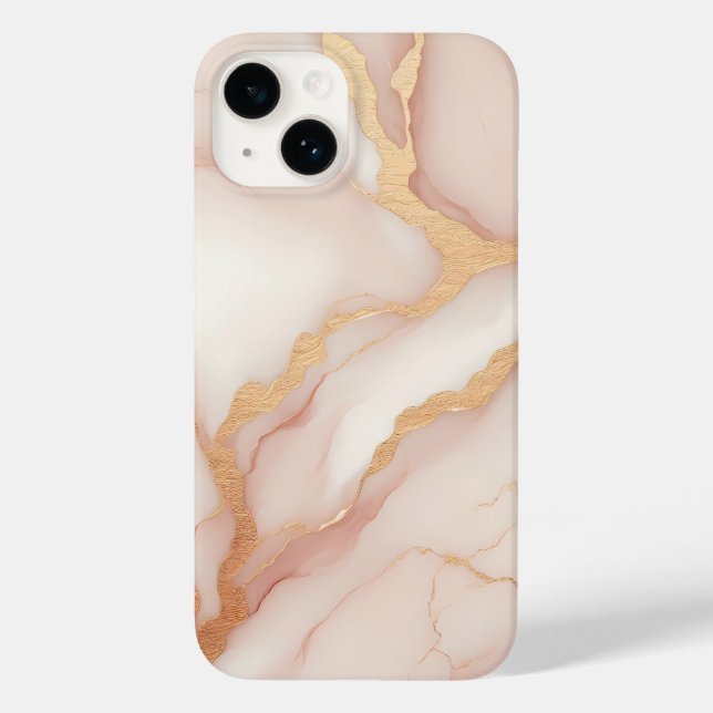  Rosa Marble iPhone 14 Fodral med Guld Veins (Baksida)