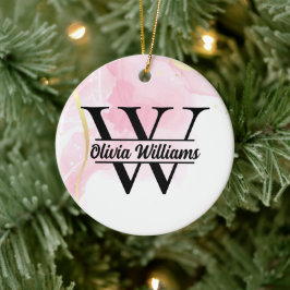 Rosa Marble Monogram | Girly Modern Guld Glitter Julgransprydnad Keramik