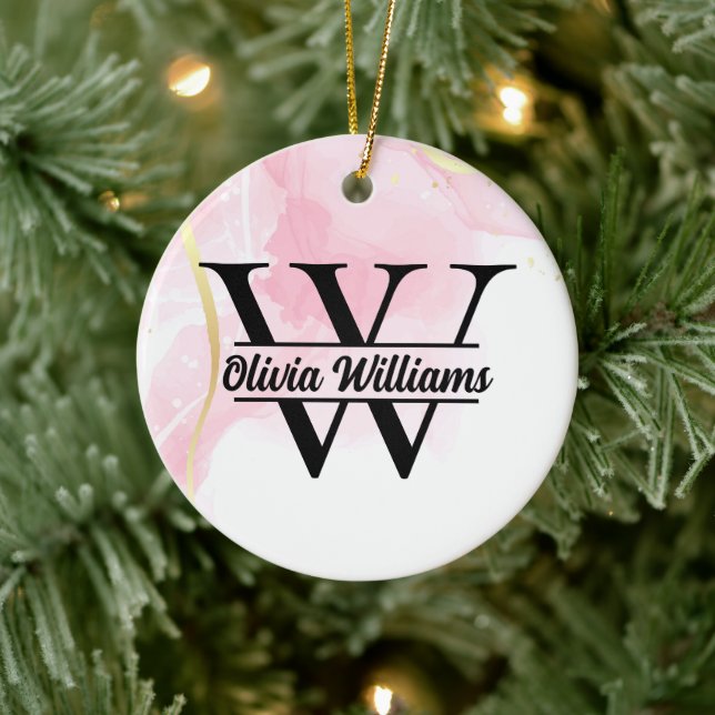 Rosa Marble Monogram | Girly Modern Guld Glitter Julgransprydnad Keramik (Träd)