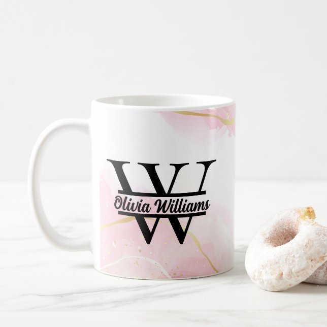 Rosa Marble Monogram | Girly Modern Guld Glitter Kaffemugg (Med munk)