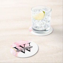 Rosa Marble Monogram | Girly Modern Guld Glitter Underlägg Papper Rund