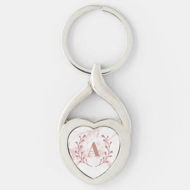 Rosa Marble Monogram Initial & Namn Anpassningsbar Twisted Heart Silverfärgad Nyckelring (Framsidan)