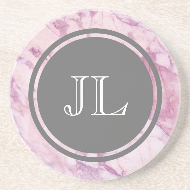 Rosa Marble Monogram med Grått Circle Motif Underlägg Sandsten (Framsidan)