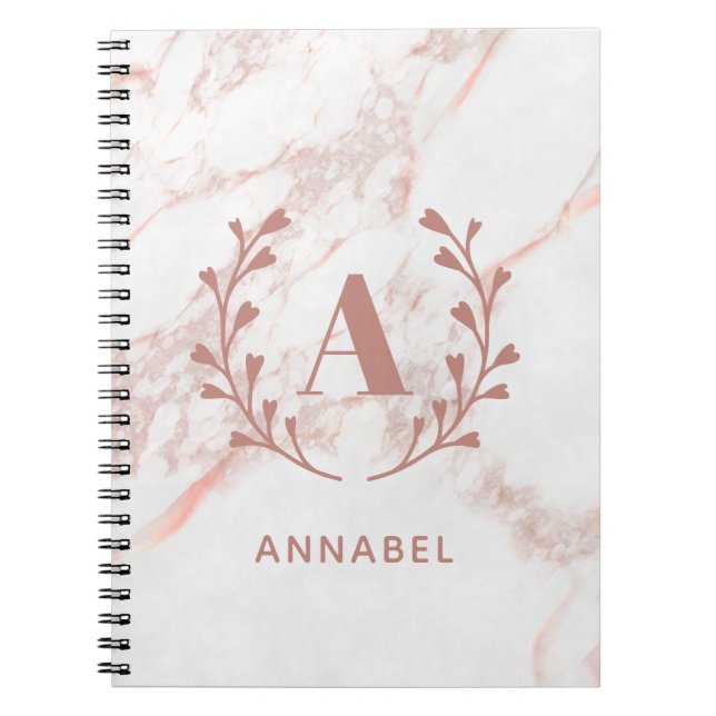 Rosa Marble Monogram Valfri initial Anpassningsbar Anteckningsbok (Framsidan)