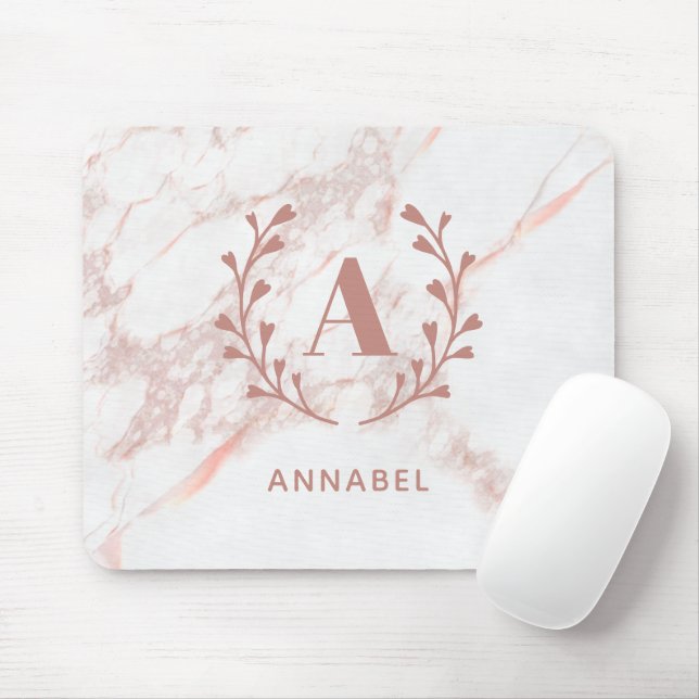 Rosa Marble Monogram Valfri initial Anpassningsbar Musmatta (Med mus)