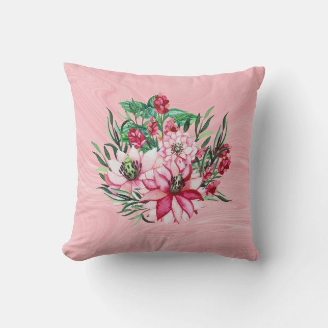 Rosa Marble och Exotic Flowers Kudde (Framsida)