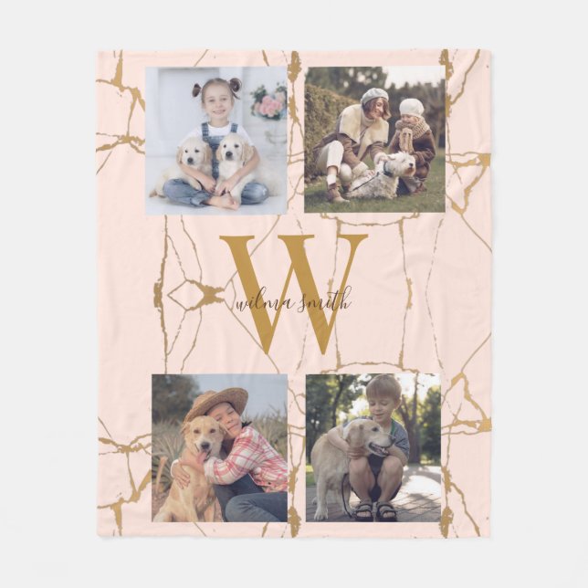 Rosa Marble Personlig Photo Collage Monogram Fleecefilt (Framsidan)