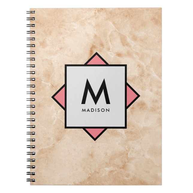 Rosa Marble Sten Struktur med Namn och Monogram de Anteckningsbok (Framsidan)