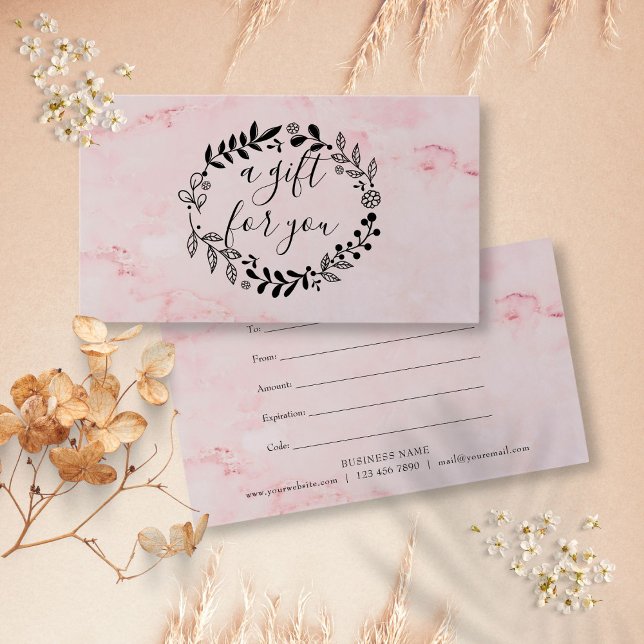 Rosa Marble Woodland Garland Gift-certifikat Visitkort (Pink Marble Woodland Garland Gift Certificate)