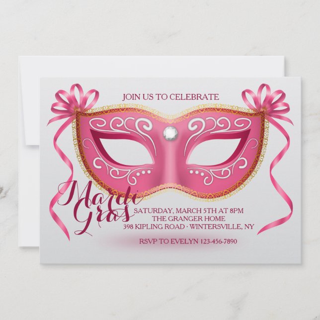 Rosa Mardi Gras-mask inbjudan (Framsida)