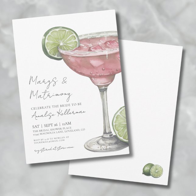 Rosa Margarita Margs & Matrimony Möhippa Inbjudningar (Elegant Pink Margarita Bridal Shower Invitation)