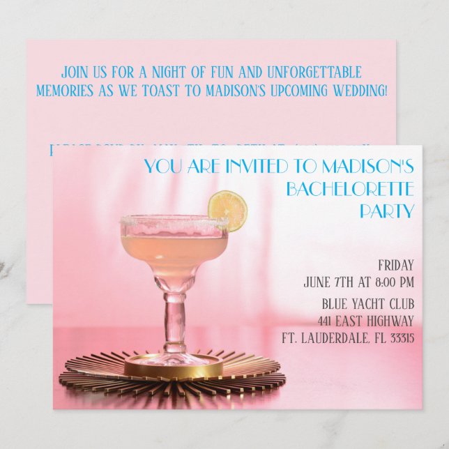 Rosa Margarita Möhippa/Bachelorette Party Inbjudningar (Fram/baksida)