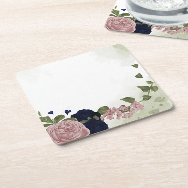 rosa & marin blåa blommor greenery underlägg papper kvadrat (Vinklad)