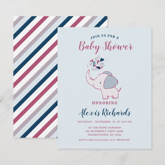 Rosa & marin cute Elephant Theter Baby Shower Inbjudningar (Fram/baksida)