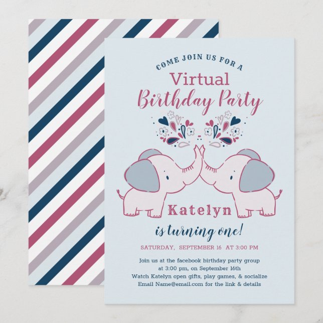 Rosa & marin cute Elephant Virtuell Födelsedagsfes Inbjudningar (Fram/baksida)