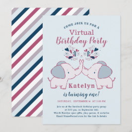 Rosa & marin cute Elephant Virtuell Födelsedagsfes Inbjudningar