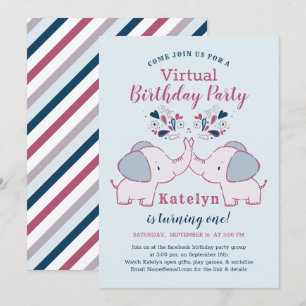 Rosa & marin cute Elephant Virtuell Födelsedagsfes Inbjudningar