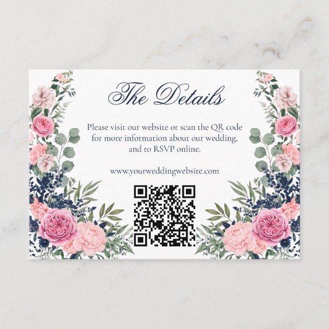 Rosa marinblå blomstergrönska bröllopswebbplats QR Tilläggskort (Framsida)