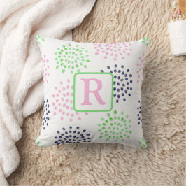 Rosa marinblå grön blomster vattenfärg monogram kudde