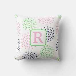 Rosa marinblå grön blomster vattenfärg monogram kudde