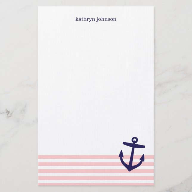 Rosa & marinblå nautisk Rand & Cute Anchor Brevpapper (Framsida)