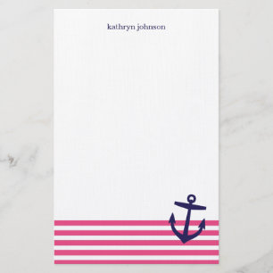 Rosa & marinblå nautisk Rand & Cute Anchor Brevpapper