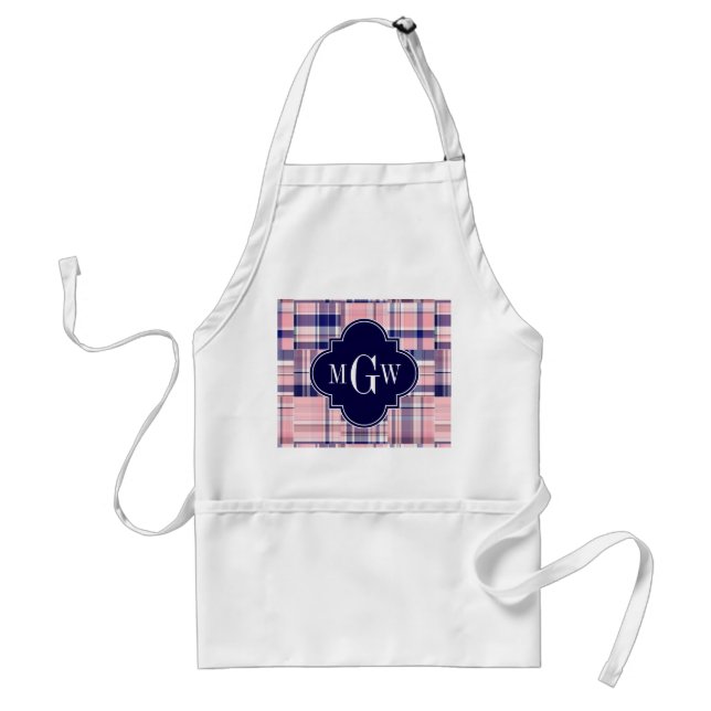 Rosa, Marinblå Preppy Lapptäcke Madras Monogram Förkläde (Framsidan)
