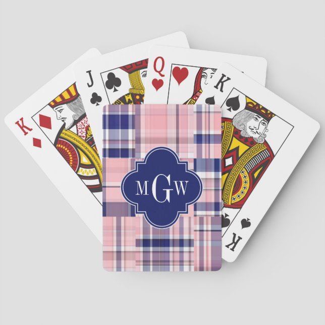 Rosa, Marinblå Preppy Lapptäcke Madras Monogram Spel Kort (Baksidan)