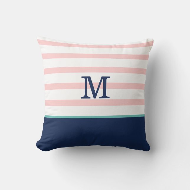Rosa, marinblått och tafusk Monogram Kudde (Framsida)