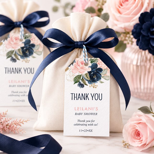 Rosa marinblommig vattenfärg tack för barnkalas  presentetikett (Add a cute gift tag for your baby shower favors.
)