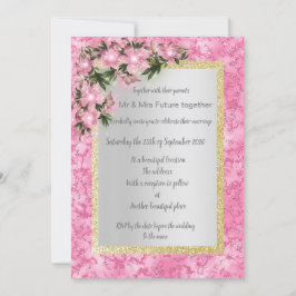 rosa marmor blommigt bröllop med rosa blommigt gul inbjudningar