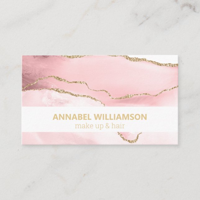 Rosa marmor & guld glitter smink  visitkort (Framsida)