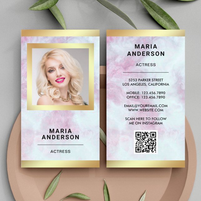 Rosa Marmor Guld Modell Skådespelerska QR-kod Foto Visitkort (Skapare uppladdad)