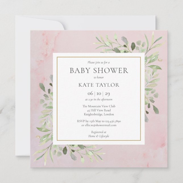 Rosa marmorerad grönska baby shower | Sprinkle Inbjudningar (Framsida)