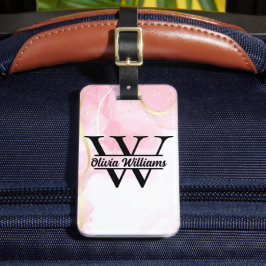Rosa marmorerad monogram | Tjejig modern guldglitt Bagagebricka