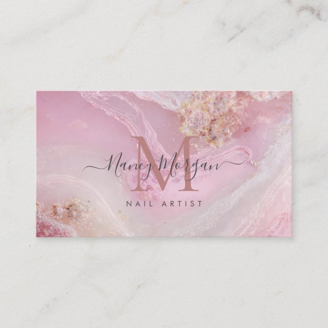 Rosa marmorerad rosé förgylld monogram nagelkonstn visitkort (Framsida)