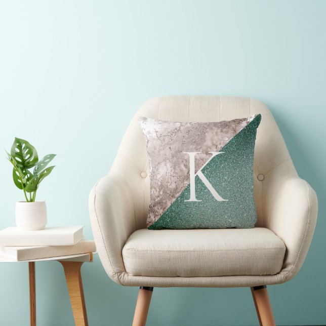 Rosa marmorglittergrön monogram kudde (Stol)