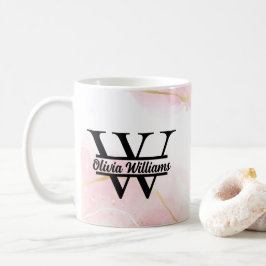 Rosa marmormonogram | Tjejigt modernt guldglitter Kaffemugg