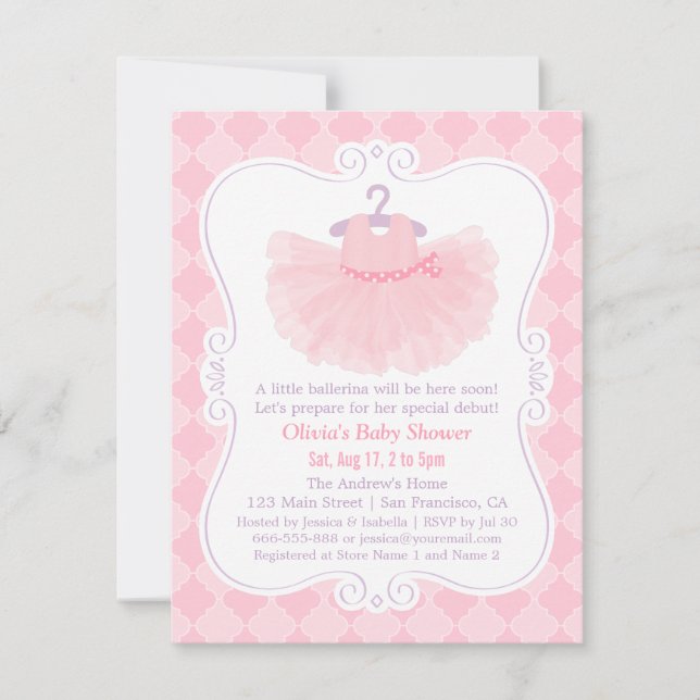 Rosa marockansk ballerina tutu flicka baby shower inbjudningar (Framsida)