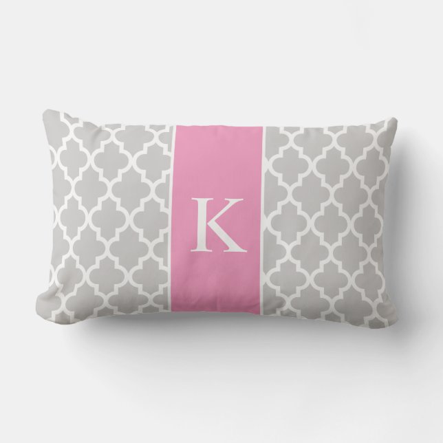 Rosa marockansk beställnings- Monogram för grå Lumbarkudde (Framsida)