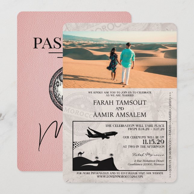 Rosa marockanskt pass med bröllopsinbjudan inbjudningar (Fram/baksida)
