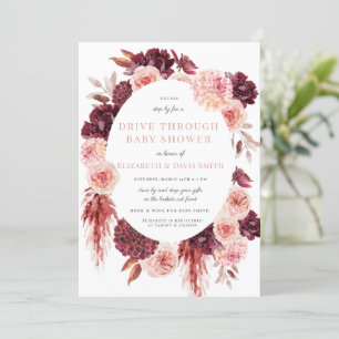 Rosa Maroon Blommigt Boho Drive by Girl Baby Showe Inbjudningar