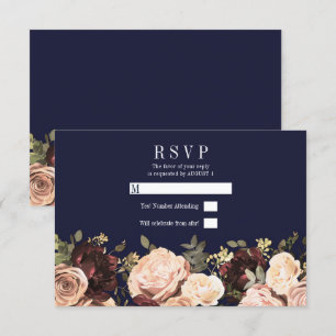 Rosa Maroon Blommor Grönt Marinblå Bröllop RSVP Inbjudningar